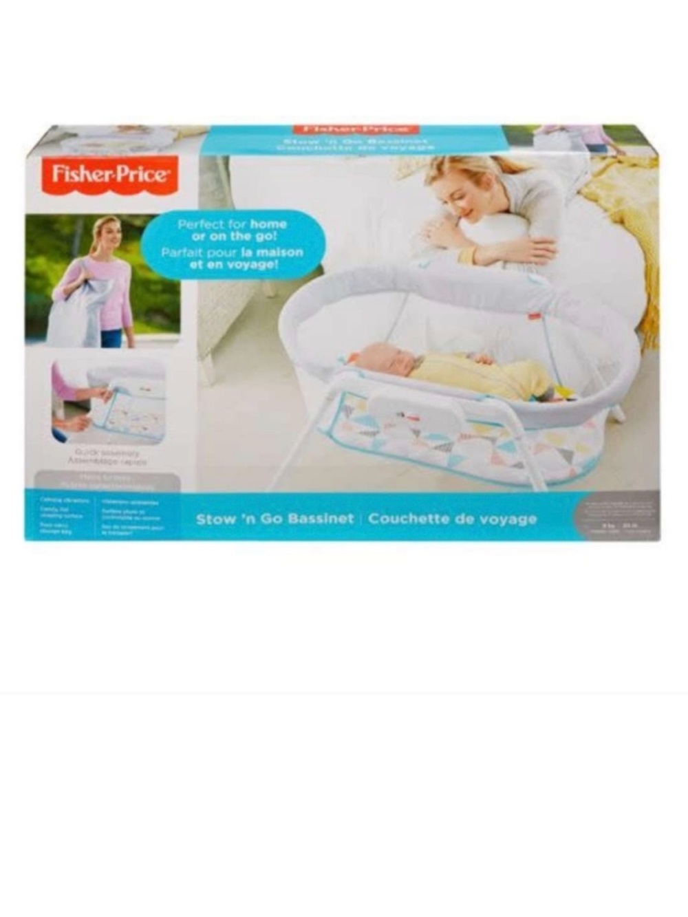 Fisher-Price White and Aqua Portable Baby Bassinet with Pastel Geometric Trim